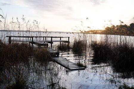 winter sunrise view wild Lake hourtin at sunset in gironde france