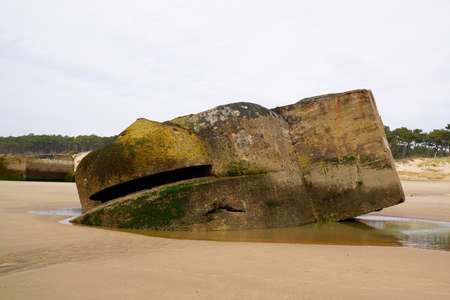 blockhaus blockhouse in sea coast beach in ocean atlantic franceの写真素材