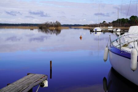 marina in blue water lake of biscarosse landes france