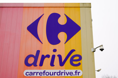 Bordeaux , Aquitaine / France - 01 15 2020 : Carrefour drive supermarket sign mall logo french store hypermarket brandのeditorial素材