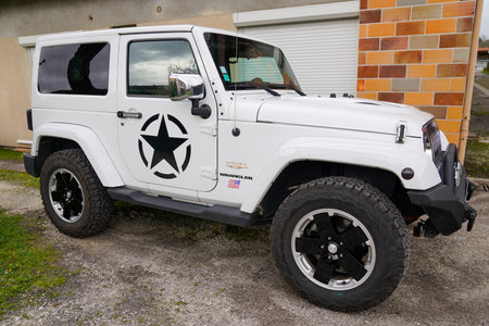Bordeaux , Aquitaine / France - 02 21 2020 : Jeep Wrangler white American off-road vehicle star sign on doorのeditorial素材