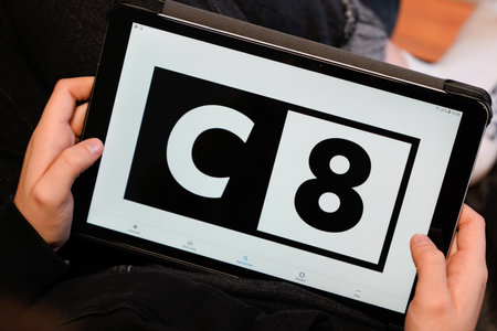 Bordeaux , Aquitaine / France - 02 21 2020 : c8 logo sign screen c 8 tablet French brand canal+...