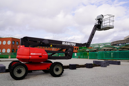 Bordeaux , Aquitaine / France - 03 03 2020 : Manitou nacelle four wheel drive forklift tractor Telescopic Handler industrial rentのeditorial素材