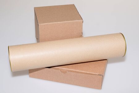 Cardboard boxes brown on white grey backgroundの写真素材