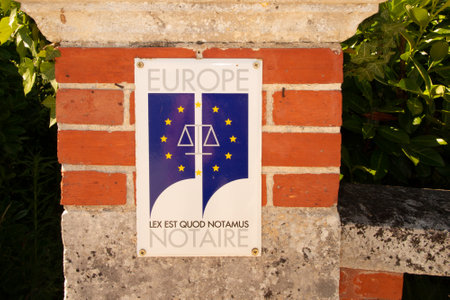 Bordeaux , Aquitaine / France - 03 03 2020 : Notaire europe plate sign logo in wall building office for french european notaryのeditorial素材
