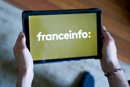 Bordeaux , Aquitaine / France - 03 03 2020 : France Info logo screen tablet radio sign network French public service radio broadcaster channel tv provides continuous informationのeditorial素材