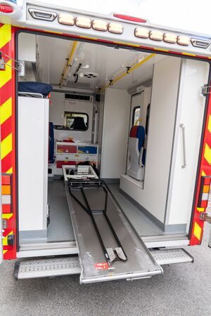 Bordeaux , Aquitaine / France - 04 05 2020 : ambulance interior van covid-19 coronavirus emergency...