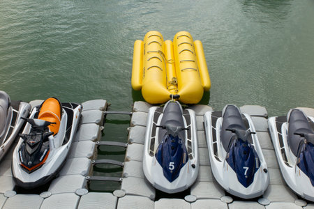 Bordeaux , Aquitaine / France - 03 03 2020 : yamaha Personal Watercraft jet skis parked on pier floating watercraft rental pontoonのeditorial素材