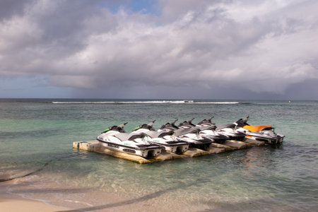 Lacanau , Aquitaine / France - 03 03 2020 : seadoo and yamaha jet skis parked on pier floating watercraft pier pontoonのeditorial素材
