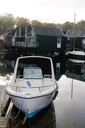 private boat pontoon on charming little marina de talaris on lacanau lakeのeditorial素材