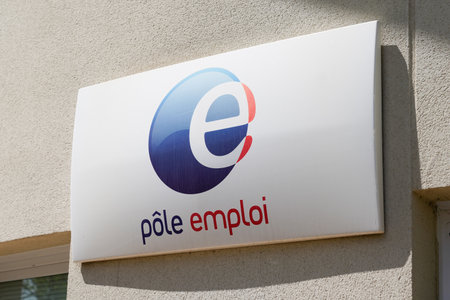 Bordeaux , Aquitaine / France - 05 05 2020 : Pole emploi e blue sign logo French governmental agency office building registers unemployed peopleのeditorial素材