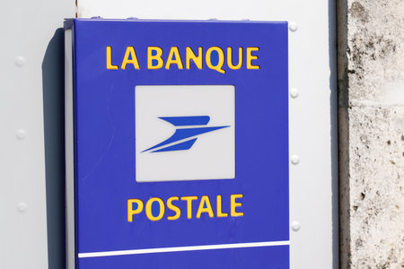 Bordeaux , Aquitaine / France - 05 16 2020 : La Banque Postale logo atm sign blue store brand office French bank post shopのeditorial素材