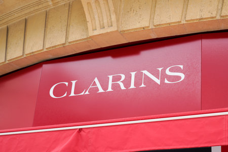 Bordeaux , Aquitaine / France - 05 12 2020 : Clarins logo red sign famous beauty women boutique shop storeのeditorial素材