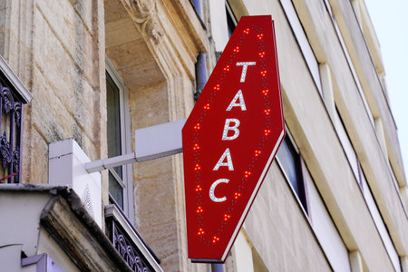 Bordeaux , Aquitaine / France - 05 05 2020 : tabac French Red shop tobacco sign with french white text logoのeditorial素材