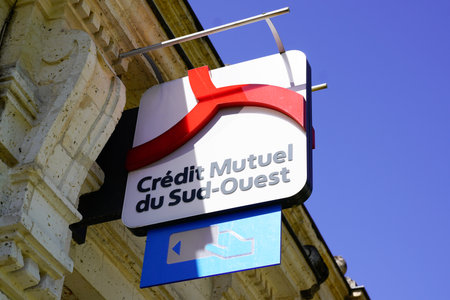 Bordeaux , Aquitaine / France - 05 05 2020 : Credit mutuel du sud ouest and atm logo sign of bank agency in streetのeditorial素材