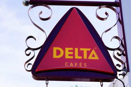 Bordeaux , Aquitaine / France - 06 01 2020 : Delta cafes red sign logo on coffee shop of pub restaurant in city streetのeditorial素材