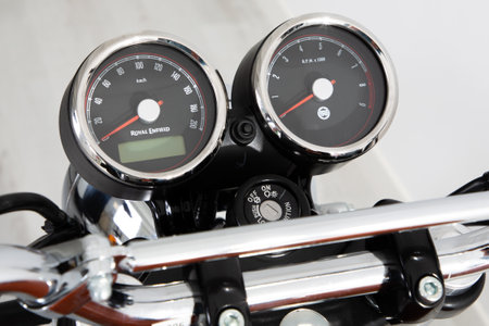 Bordeaux , Aquitaine / France - 06 06 2020 : Royal Enfield logo sign on motorbike control panel with speedometerのeditorial素材