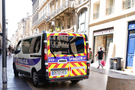 Bordeaux , Aquitaine / France - 06 06 2020 : french white vehicle of police car and van with logo sign on door in city streetのeditorial素材