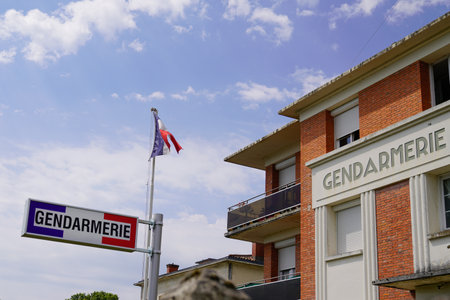 gendarmerie french military police sign logo and france flag in building office recruitment and information centerのeditorial素材