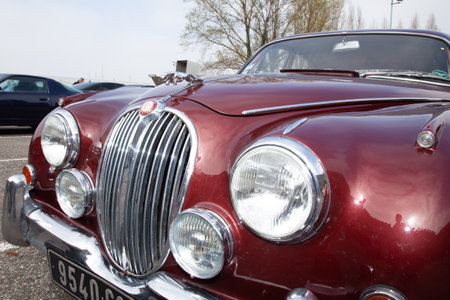 Bordeaux , Aquitaine / France - 06 10 2020 : Classic Jaguar car front hood detail with vintage headlampのeditorial素材