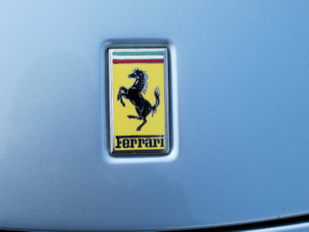 Bordeaux , Aquitaine / France - 06 14 2020 : ferrari f430 logo sign on blue hood of sport carのeditorial素材