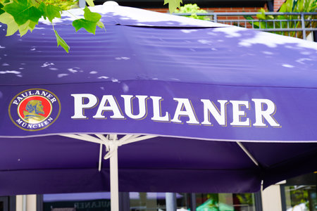 Bordeaux , Aquitaine / France - 06 20 2020 : Paulaner logo of beer with sign on street bar pub coffee restaurantのeditorial素材