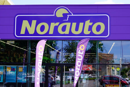 Bordeaux , Aquitaine / France - 06 20 2020 : norauto sign flag and logo on car repair store station...
