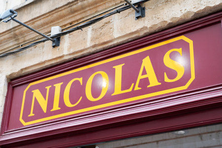 Bordeaux , Aquitaine / France - 06 20 2020 : Nicolas logo sign on wooden facade shop of French wine retailer storeのeditorial素材