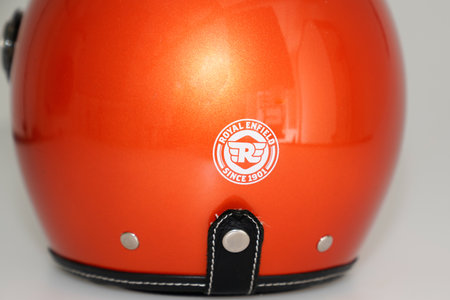 Bordeaux , Aquitaine / France - 07 05 2020 : Royal Enfield logo sign on jet motorcycle helmet detail on backのeditorial素材