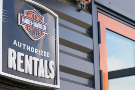 Bordeaux, Aquitaine / France - 07 07 2020: Harley-Davidson authorized rentals logo of Motorcycle...