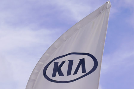 Bordeaux, Aquitaine / France - 07 07 2020: Kia motors car dealership logo sign on white flag of South Korea manufacturerのeditorial素材