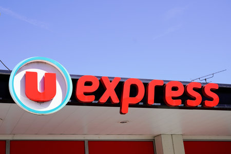 Bordeaux, Aquitaine / France - 07 07 2020: U express logo sign u for french supermarket storeのeditorial素材