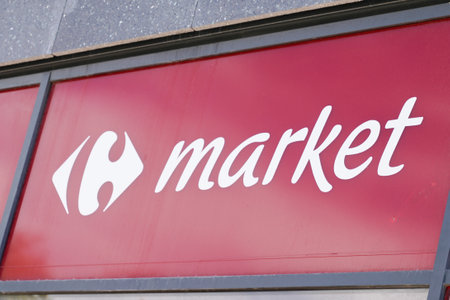 Bordeaux, Aquitaine / France - 07 22 2020: Carrefour market shop brand logo text and sign on wall supermarketのeditorial素材