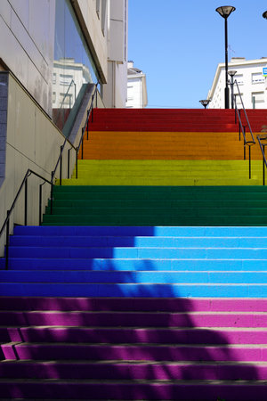 Pedestrian stairs marking in LGBT colorful rainbow lesbian gay in Bordeaux city Franceのeditorial素材
