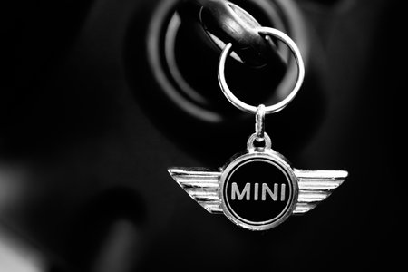 Bordeaux, Aquitaine / France - 07 25 2020: MINI car logo wings and text sign on silver keychain in...