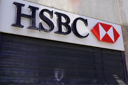 Bordeaux, Aquitaine / France - 07 25 2020: HSBC bank text and red logo swiss sign store of agency...