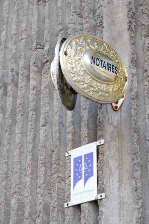 Bordeaux, Aquitaine / France - 07 25 2020: Notaire golden logo and signboard panel sign on wall building of french notary officeのeditorial素材
