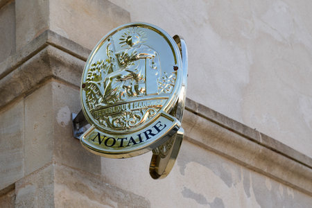 Bordeaux, Aquitaine / France - 07 30 2020: Notaire golden logo and sign on notary french wall building officeのeditorial素材