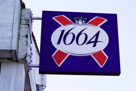 Bordeaux, Aquitaine / France - 07 30 2020: 1664 kronenbourg french beer pub logo and text sign on...