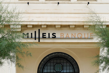 Biarritz, Aquitaine / France - 07 30 2020: Milleis bank logo and text sign on french agency of Barclays Bank officeのeditorial素材