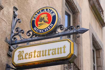 Bordeaux, Aquitaine / France - 08 04 2020: paulaner logo and restaurant text sign of beer on street bar wall in shop pub coffee restaurantのeditorial素材