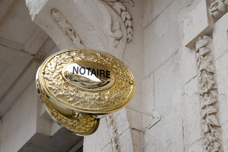 Bordeaux, Aquitaine / France - 08 04 2020: Notaire logo sign and text gold plate on french wall notary office buildingのeditorial素材