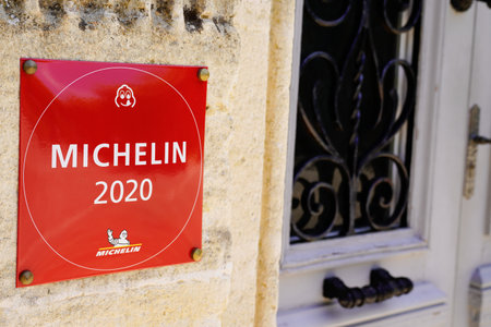 Bordeaux, Aquitaine / France - 08 04 2020: Michelin restaurant logo sign and logo of guides books published for good place with food at moderate pricesのeditorial素材
