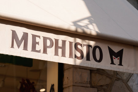 Bordeaux, Aquitaine / France - 08 04 2020: Mephisto sign and text logo on shop shoes for store of shoes and footwear manufacturerのeditorial素材