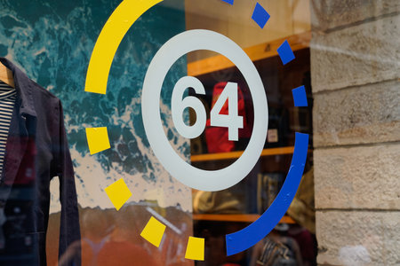 guethary, Aquitaine / France - 07 30 2020: 64 department sign logo number of fashion clothes from basque country in pyrenees atlantique in southwest Franceのeditorial素材