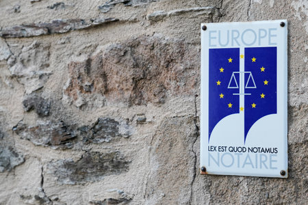 Bordeaux, Aquitaine / France - 08 04 2020: notary board of Notaire europe flag french plate with text sign logo in wall building office european in franceのeditorial素材