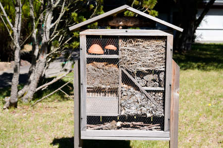 insect house bug wooden hotel ladybird bee home to butterfly hibernation and ecological gardenの写真素材