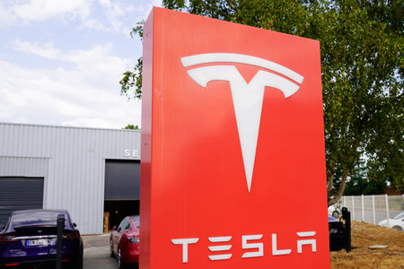 Bordeaux, Aquitaine / France - 07 30 2020: Tesla car branding sign and red logo store showroom...