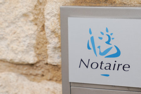 Bordeaux, Aquitaine / France - 07 30 2020: notary french sign text notaire and logo in building officeのeditorial素材