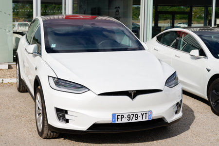 Bordeaux, Aquitaine / France - 08 10 2020: Tesla car model X on dealership ev automobile charger vehicle electricのeditorial素材